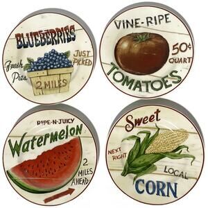 Home Trends Farm Dessert Salad Side Plate Corn Watermelon Tomatoes etc Set of 4
